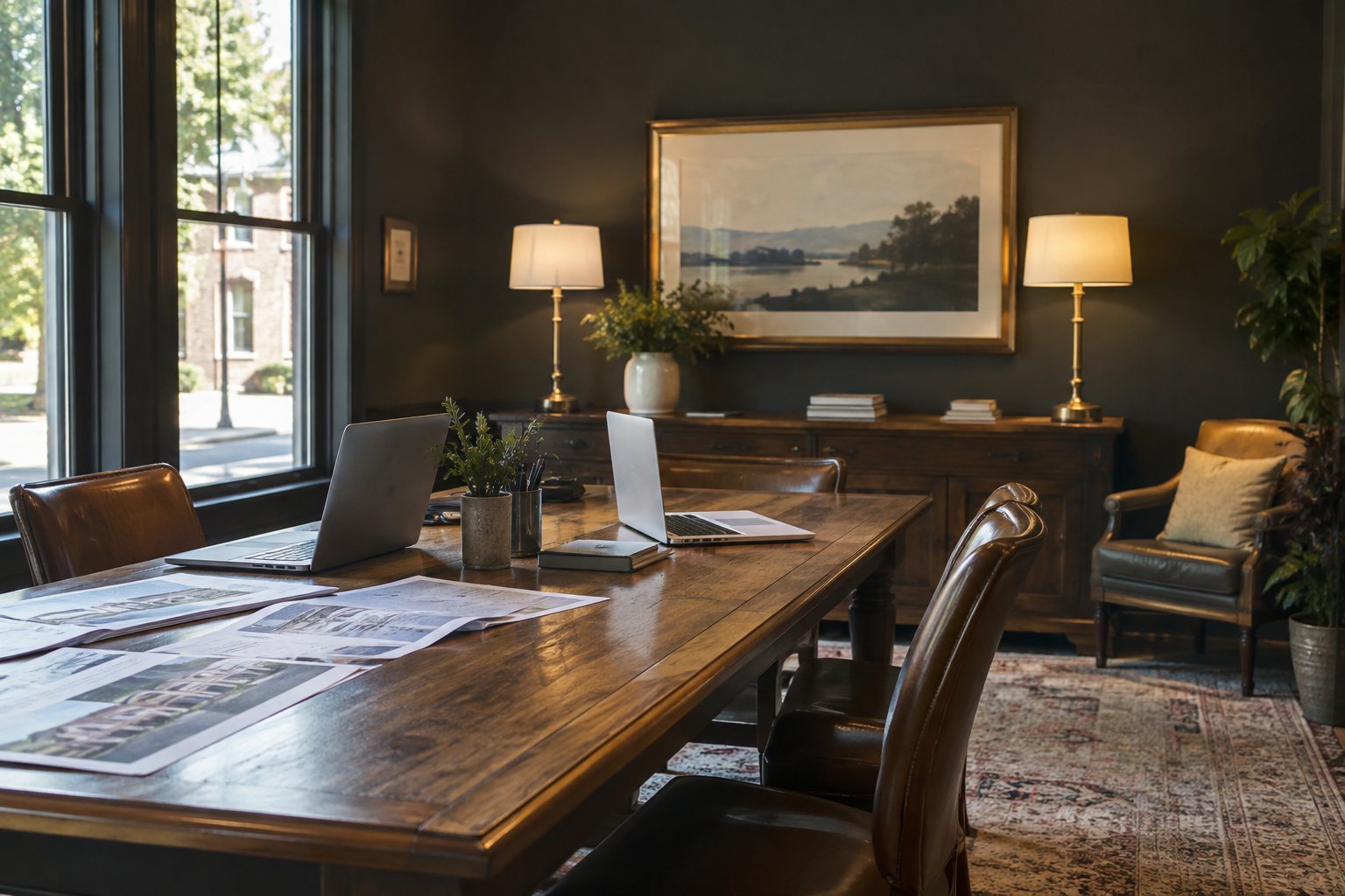 A small independent brokerage office interior, illustrative